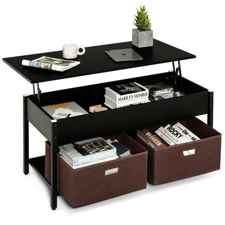 Lift top coffee table in black with storage drawers and hidden compartment, ideal for living room convenience.