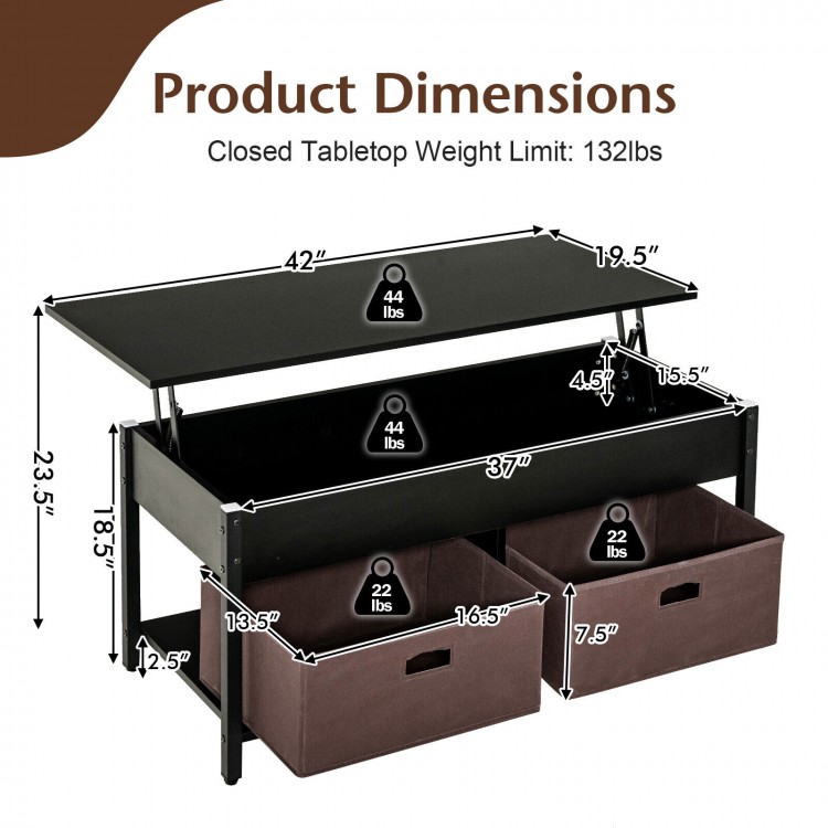 Lift top coffee table in black with dimensions, featuring storage drawers and a hidden compartment for living room use.