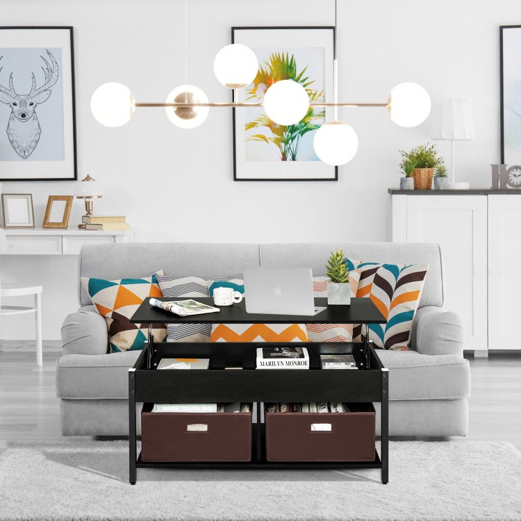 Lift top coffee table in black with drawers and hidden compartment, ideal for living room convenience and storage.