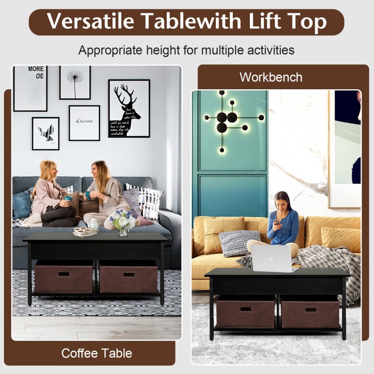 Lift top coffee table in black with drawers, offering convenient storage and adjustable height for versatile use.