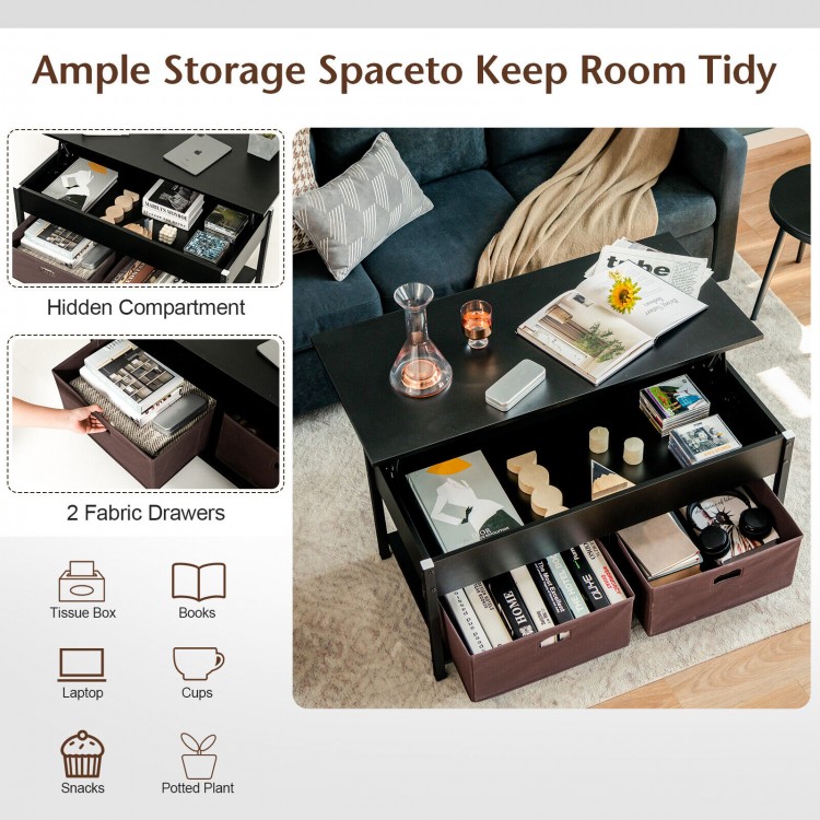 Lift top coffee table in black with fabric drawers and hidden compartment for organized living room storage.