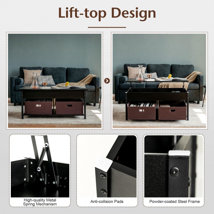 Lift-top coffee table in black with drawers, featuring a metal spring mechanism for easy access and storage convenience.