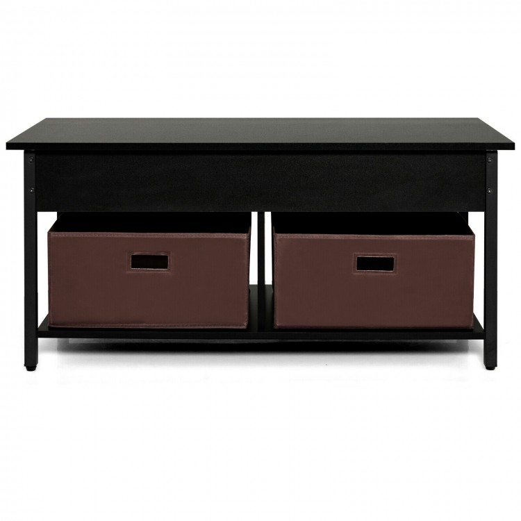 Lift top coffee table in black with two removable fabric drawers and hidden compartment for versatile living room.