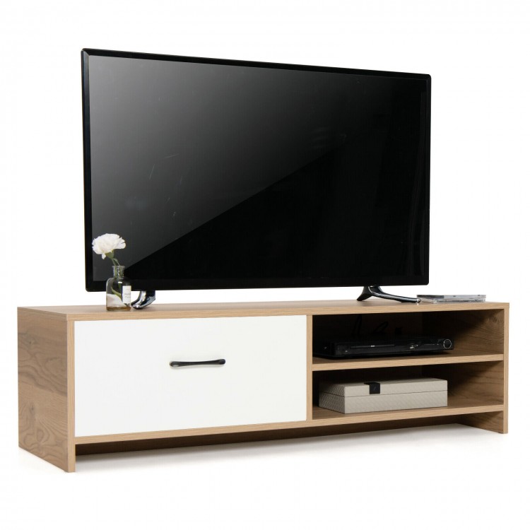 TV stand with spacious tabletop, large drawer, and 2 open shelves, suitable for 55-inch TVs, perfect for living room.