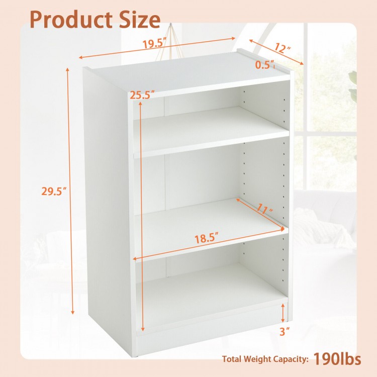 3-tier white bookcase with adjustable shelves, sturdy design, ideal for organizing living room or bedroom items.