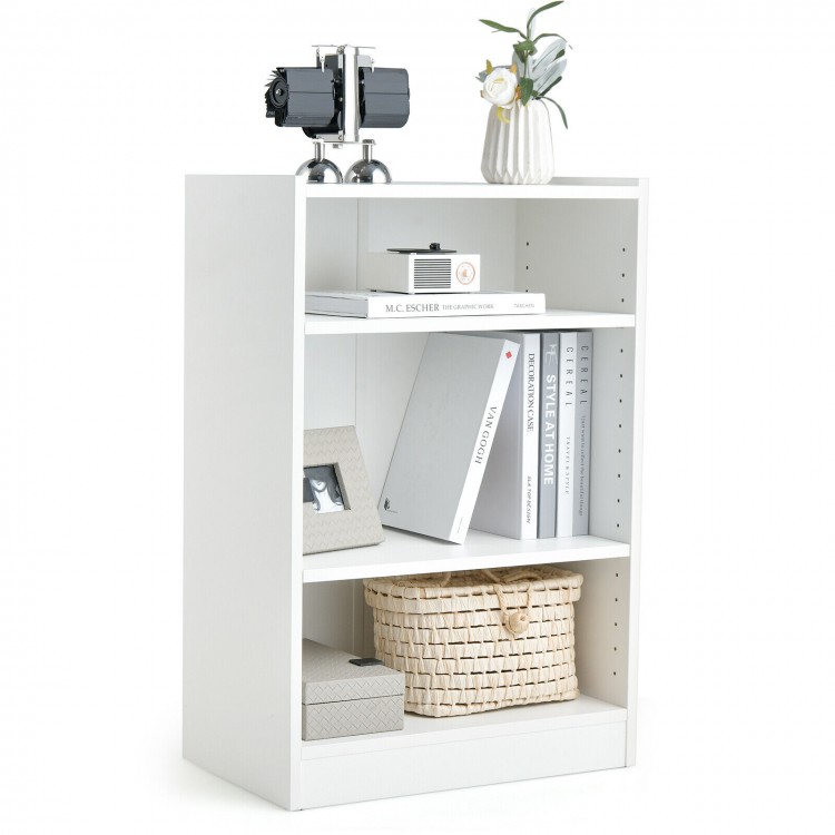 White 3-tier bookcase with adjustable shelves and a raised edge, ideal for securely displaying decor and supplies.