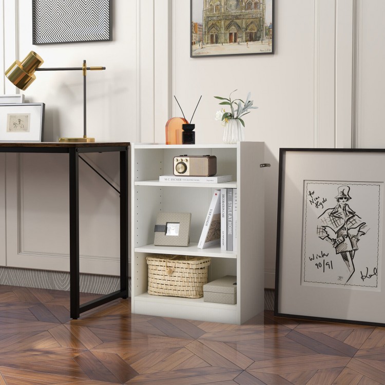 3-tier white bookcase with adjustable shelves, perfect for organizing supplies in a minimalist home office or study.