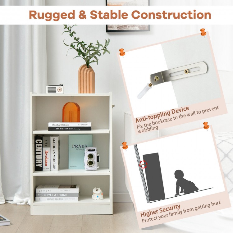 3-tier white bookcase with adjustable shelves, sturdy structure, and anti-toppling device for secure home organization.