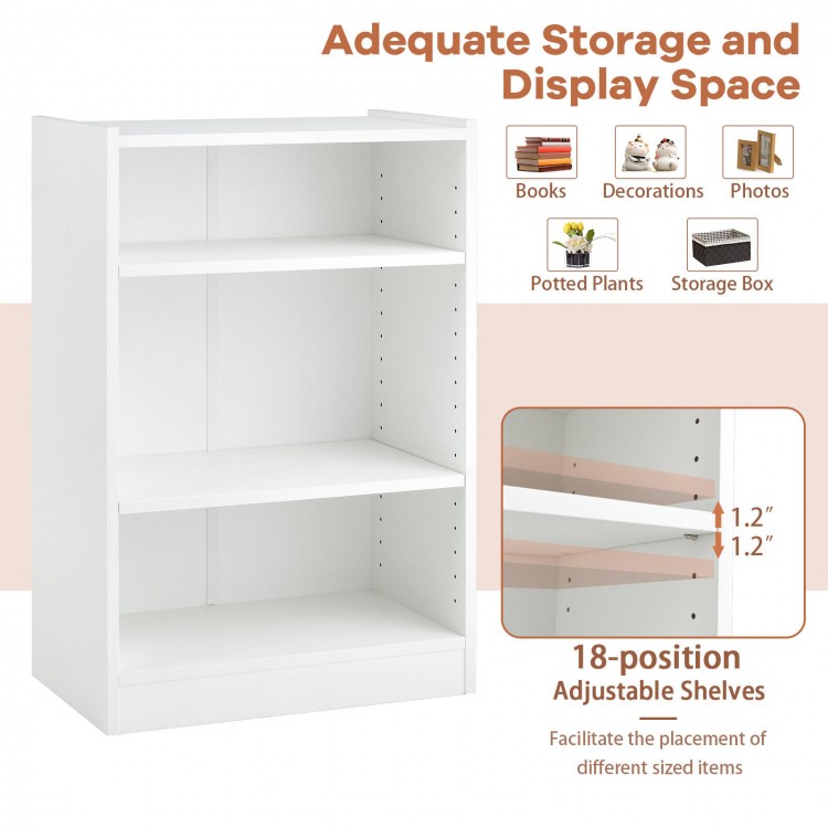 3-tier white bookcase with adjustable shelves for versatile storage in living room, bedroom, or study.