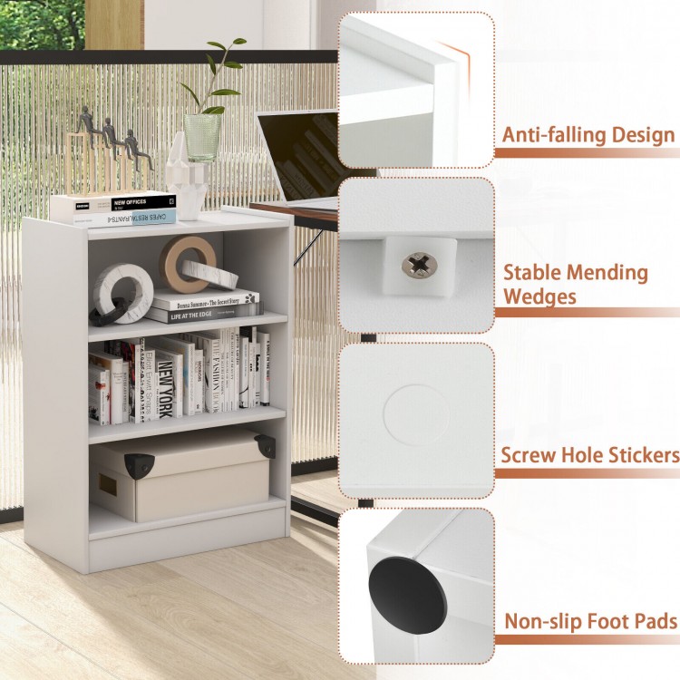 3-tier white bookcase with adjustable shelves, anti-toppling device, and non-slip foot pads for versatile home.