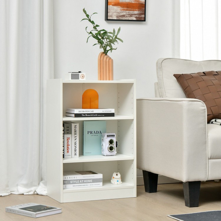 3-tier white bookcase with adjustable shelves, minimalist design, perfect for organizing living room or bedroom items.