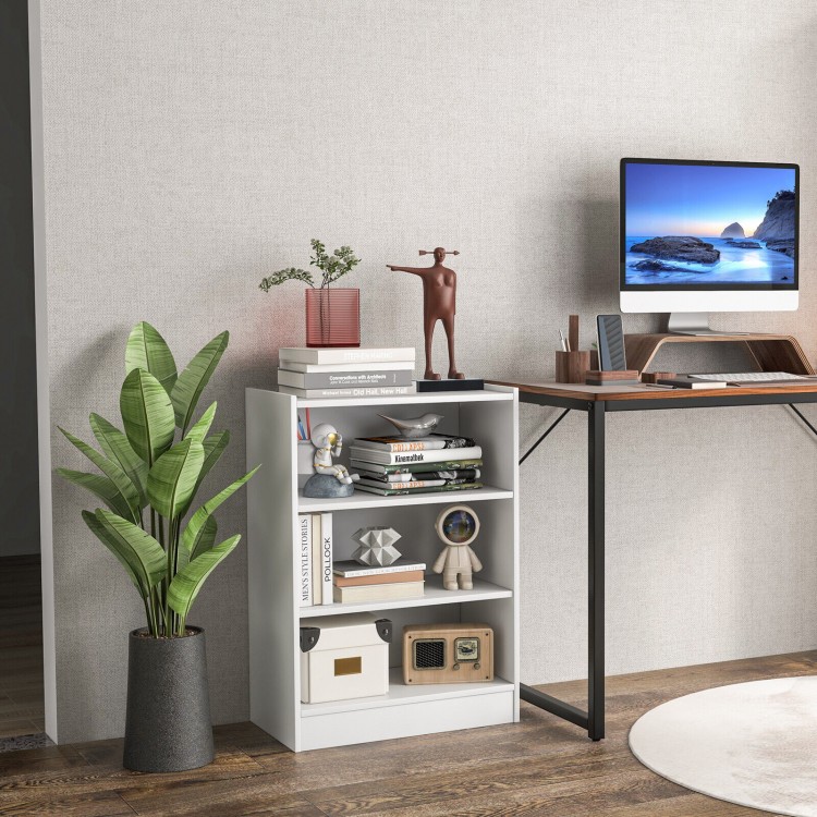 3-tier white bookcase with adjustable shelves, perfect for organizing supplies in a minimalist home office setup.