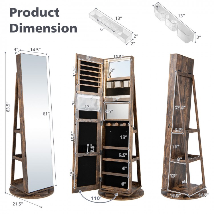 360° rotating jewelry cabinet armoire in brown with full-length mirror, LED lighting, and lockable storage for.