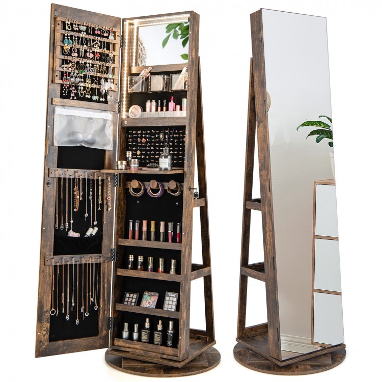360° rotating jewelry cabinet armoire in brown with LED lighting, full-length mirror, and organized storage for.