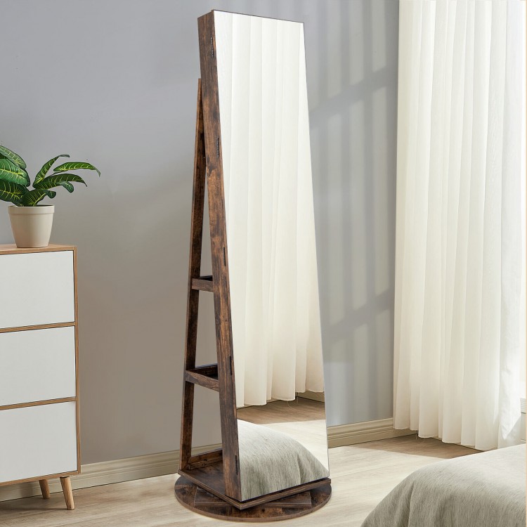 Full-length mirror jewelry cabinet with 360° rotation, LED lighting, and lockable storage for organized accessories.