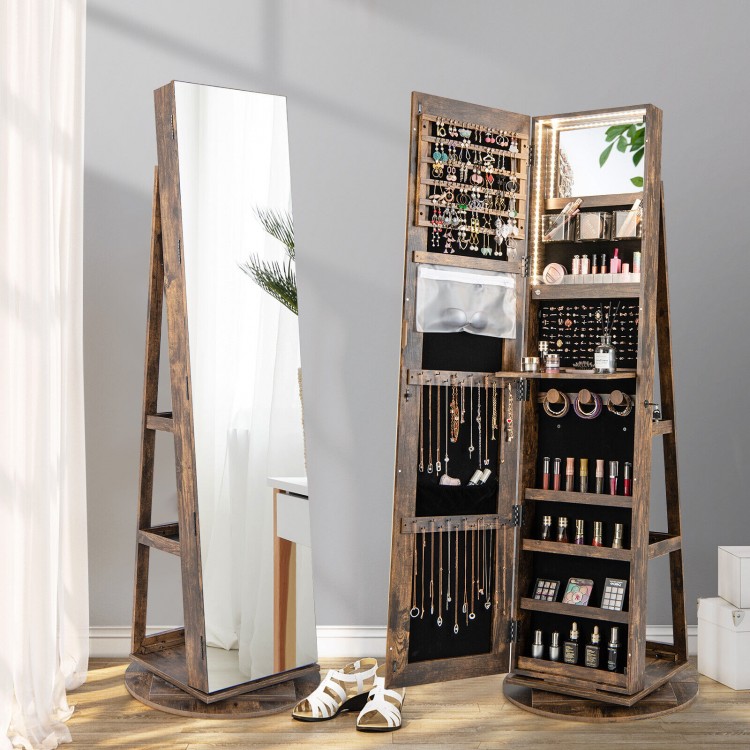 360° rotating jewelry cabinet with full-length mirror, LED lighting, and lockable storage for organized cosmetics and.