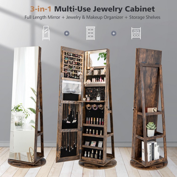 360° rotating jewelry cabinet with full-length mirror, LED lighting, and large storage for cosmetics and accessories.