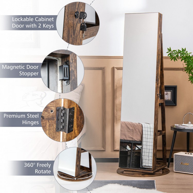 360° rotating jewelry cabinet armoire in brown with lockable door, full-length mirror, and 3-color LED lighting.
