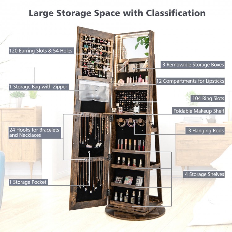 360° rotating jewelry cabinet armoire in brown with LED mirror, large storage space, and lockable door for organized.