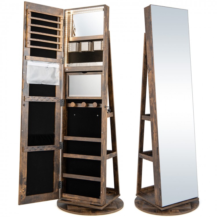 360° rotating jewelry cabinet with full-length mirror, LED lighting, and lockable storage in brown MDF for organized.