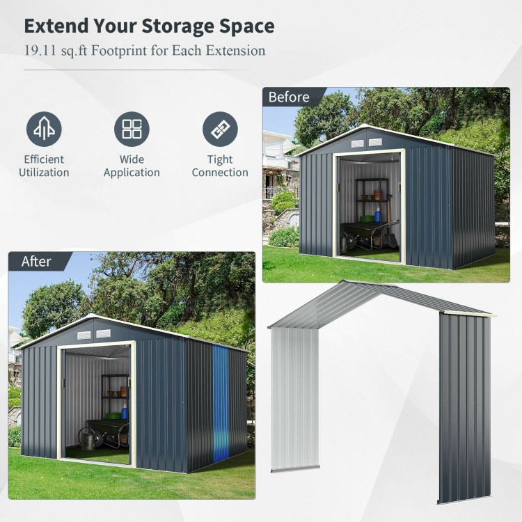 Outdoor storage shed extension kit in gray, made of premium steel, expands 9.1 ft shed to 16 ft for extra garden tool.