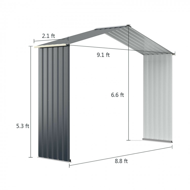Shed extension kit for 9.1 ft shed, made of premium color coated steel, expands storage space to 16 ft for outdoor use.