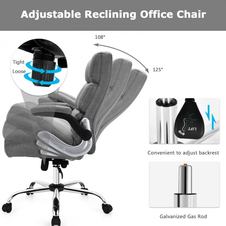 Gray adjustable swivel office chair showcasing a curved ergonomic backrest and plush seat cushion for enhanced comfort.