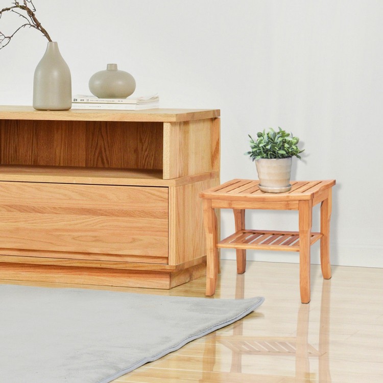 Bamboo shower chair bench with storage shelf, featuring a natural finish, ideal for bathrooms and saunas.