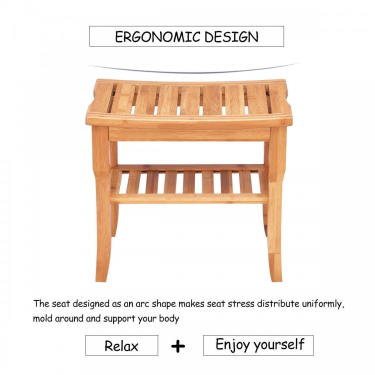 Bamboo shower chair bench with storage shelf, ergonomic design, moisture-resistant, ideal for bathroom use.