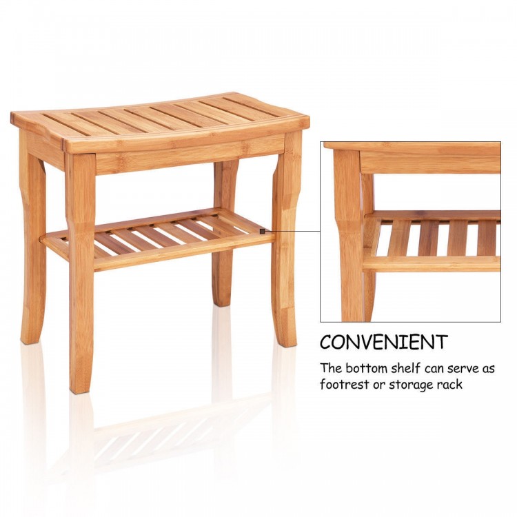 Bamboo shower chair bench with storage shelf, moisture-resistant design, ideal for bathroom or sauna use.