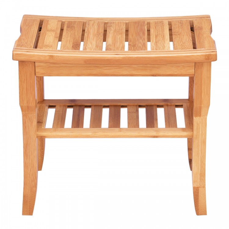 Bamboo shower chair bench with storage shelf, eco-friendly, moisture resistant, ideal for bathroom use.