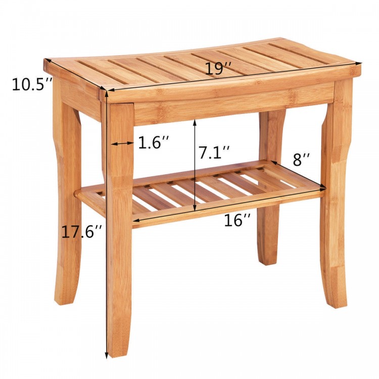 Bathroom bamboo shower chair bench with storage shelf, featuring a natural finish and moisture-resistant design.
