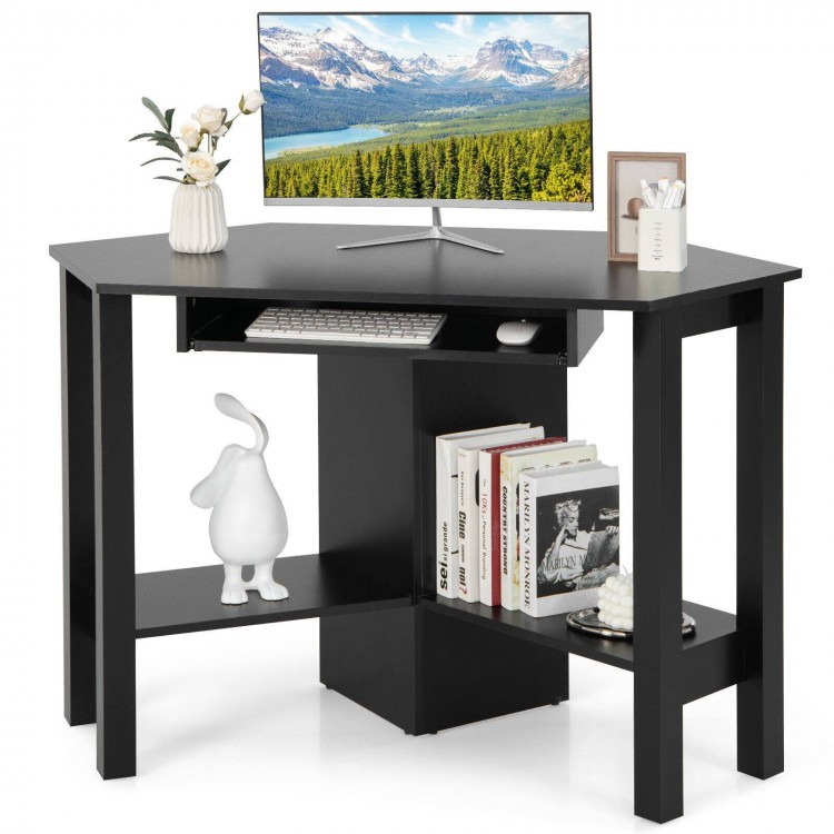 Black wooden corner desk featuring spacious work surface and elegant design, ideal for compact home office setups.