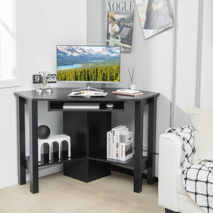 Corner wooden study computer desk in black with large drawer and storage shelves, ideal for maximizing space in home.