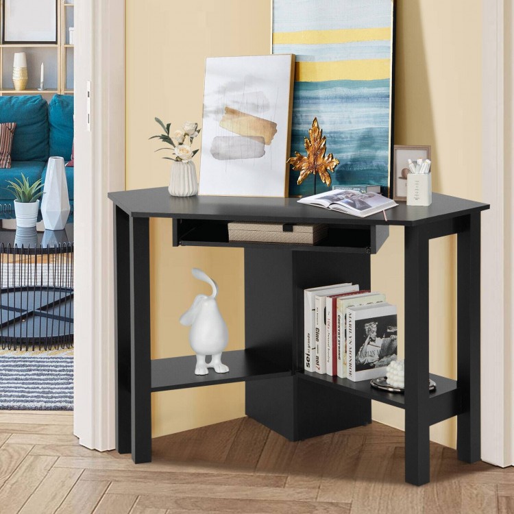 Black wooden corner desk with large drawer and two shelves, ideal for maximizing space in home offices or study areas.