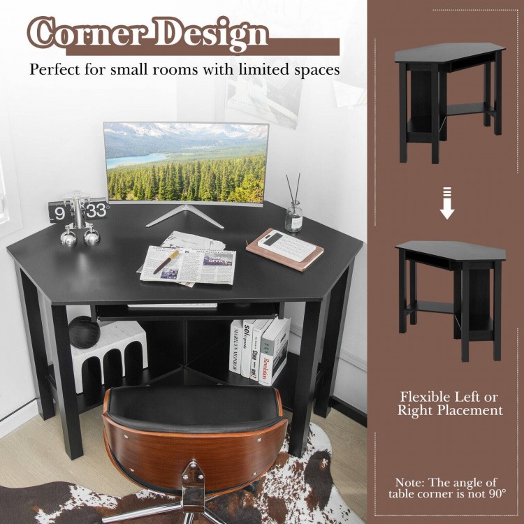 Corner wooden study computer desk in black with large drawer and storage space, ideal for small rooms and home offices.