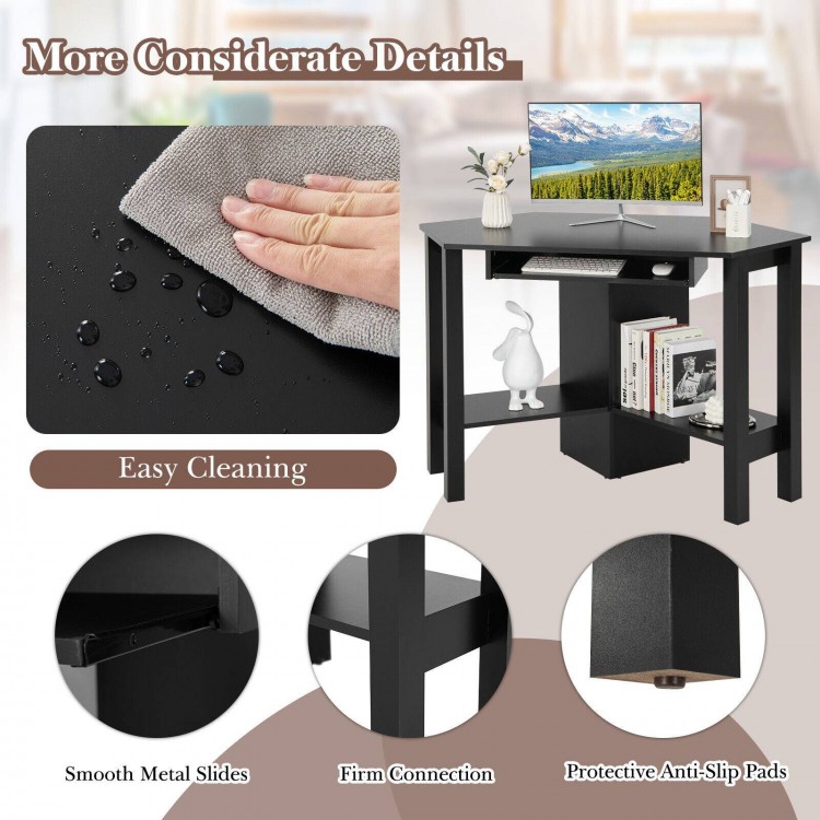 Wooden study computer corner desk in black with a large drawer and two storage shelves for efficient organization.