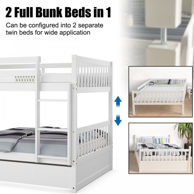 Side view of full over full bunk bed in white wood, emphasizing the space-saving trundle and modern design for.
