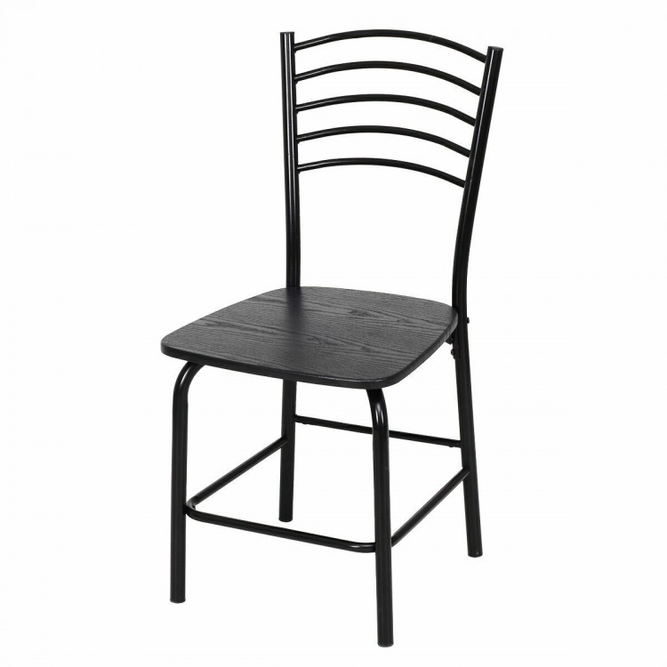 Black dining chair with humanized backrest, sturdy iron frame, and non-skid feet for comfort and floor protection.