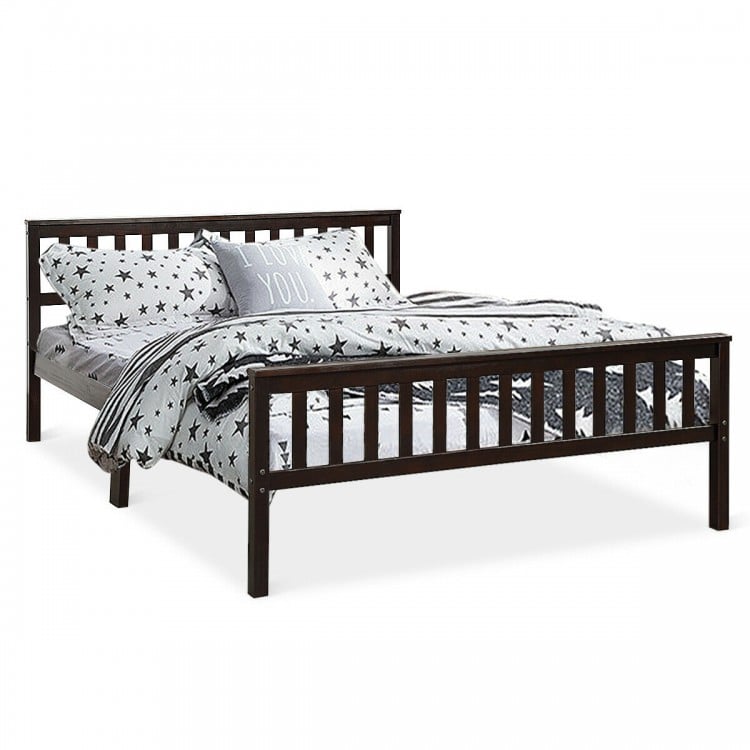 Queen size wooden bed frame with headboard and footboard, made of solid pine, featuring under-bed storage for a tidy.