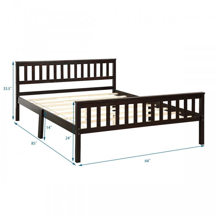 Queen size wood bed frame with headboard and footboard, solid pine construction, 250 lbs capacity, large under-bed.