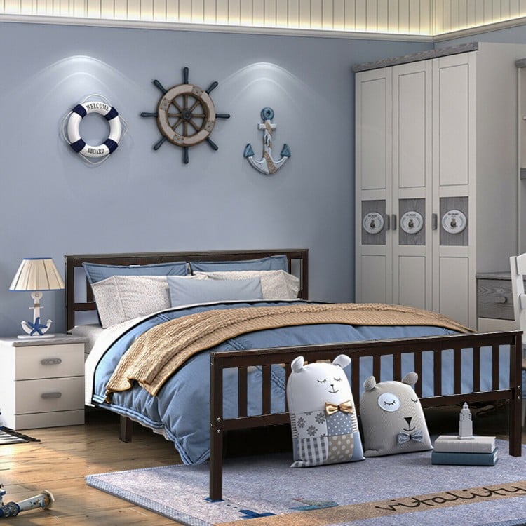 Queen size wood bed frame with headboard and footboard, made of solid pine, featuring under-bed storage for a tidy.