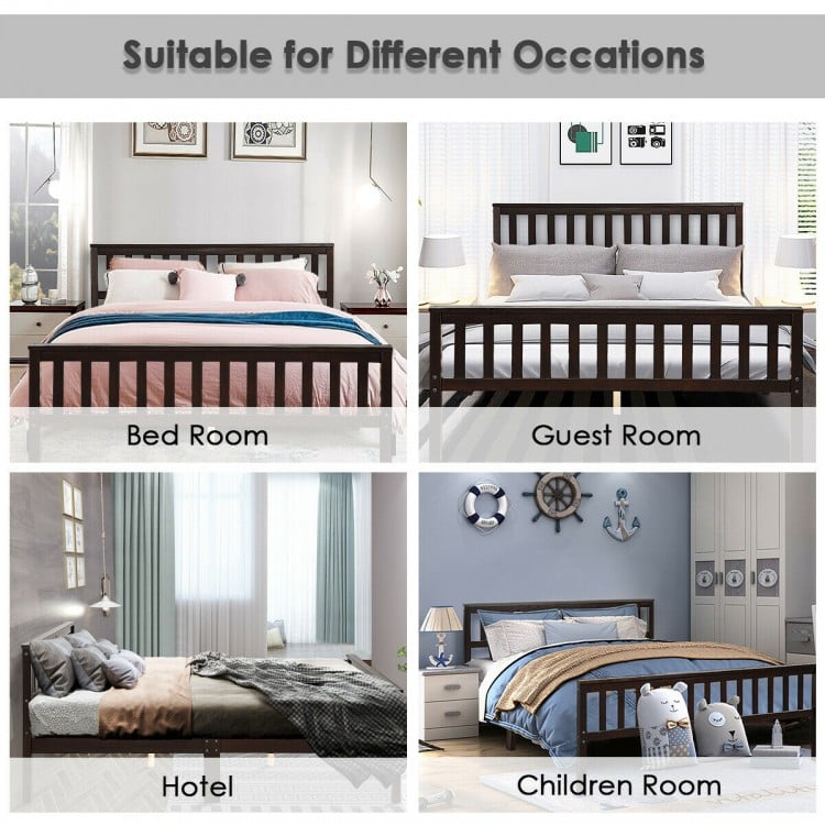 Wood bed frame with headboard and footboard, made of solid pine, suitable for queen mattresses, ideal for guest rooms.
