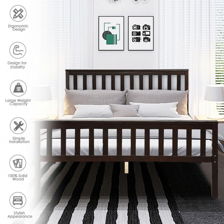 Queen size wood bed frame with headboard and footboard, made of solid pine, featuring large under-bed storage.