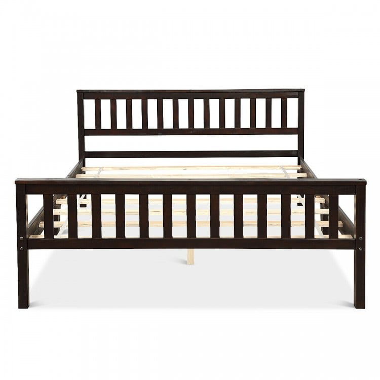 Queen size wood bed frame with headboard and footboard, made of solid pine, featuring 8 slats for sturdy support.