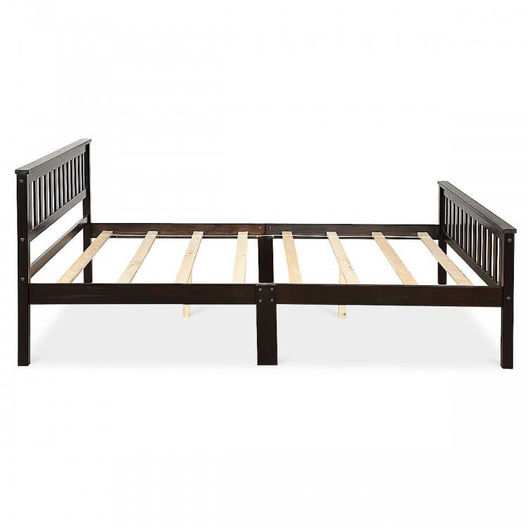Queen size wooden bed frame with headboard and footboard, made of solid pine, featuring 8 slats for mattress support.