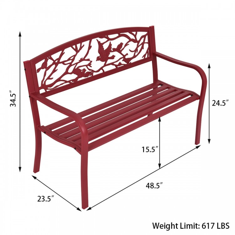 Patio garden bench with ergonomic design, solid steel frame, and cast iron back, ideal for outdoor relaxation.