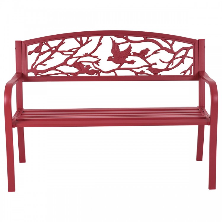 Red patio garden bench with a decorative cast iron backrest, perfect for outdoor relaxation in any backyard or park.