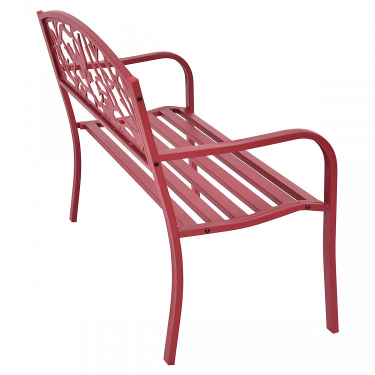 Red patio garden bench with ergonomic design, solid steel frame, and cast iron backrest, ideal for outdoor relaxation.