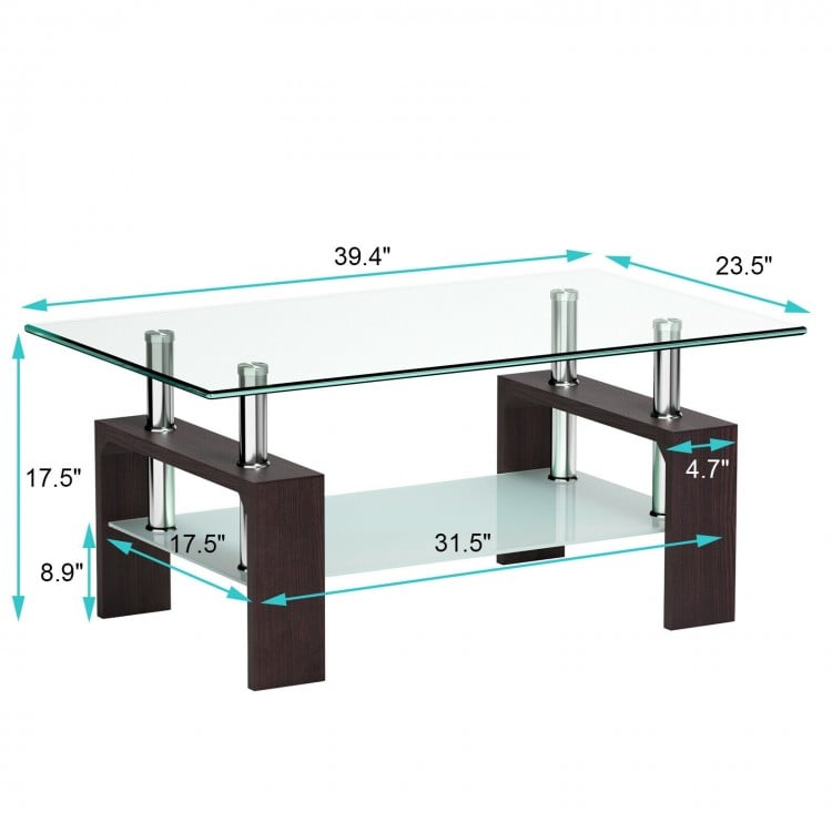 Rectangular coffee table showcasing a clear tempered glass top and black MDF support, perfect for stylish living spaces.